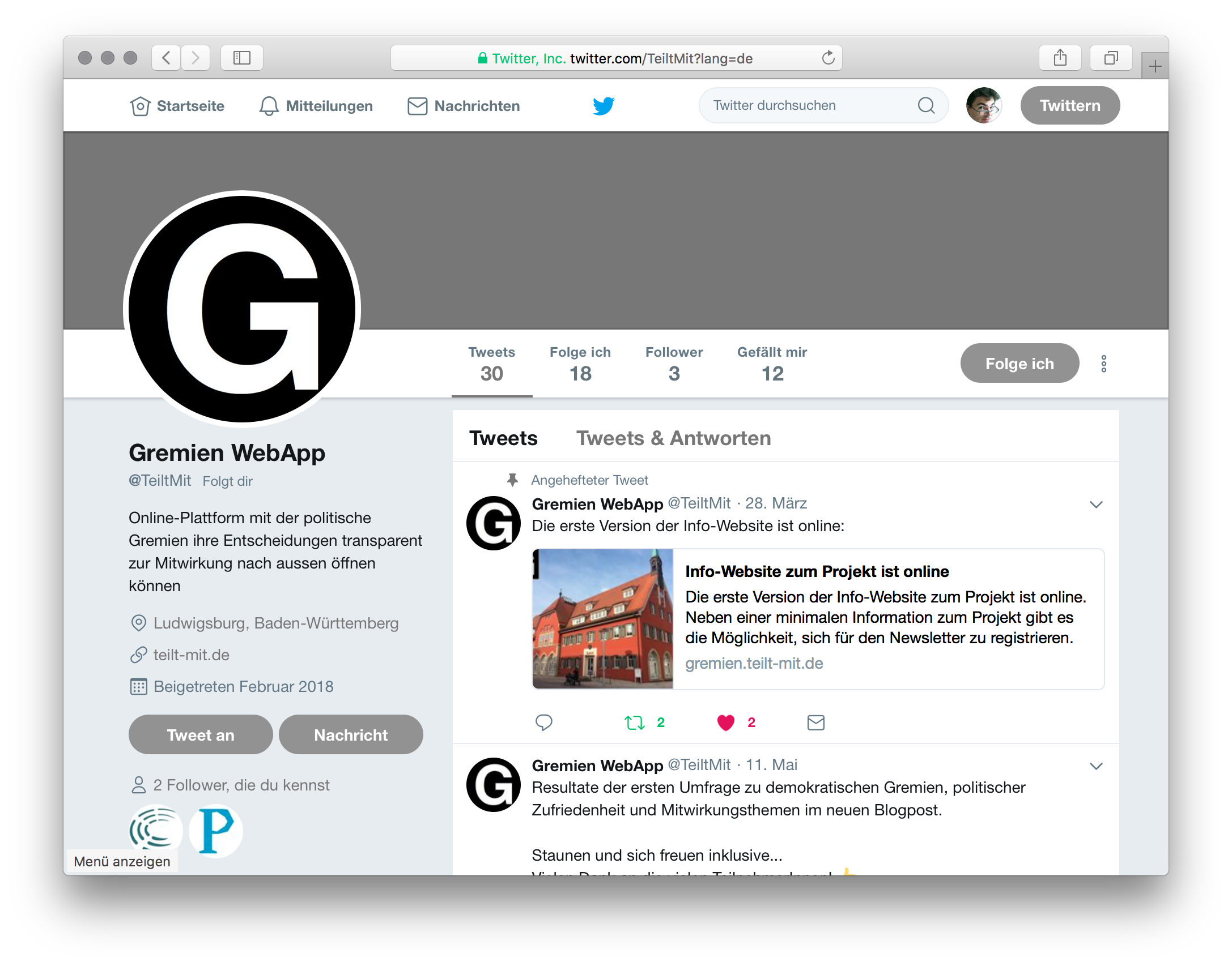 Twitter Profil des Gremien Projekt und der TeiltMit Plattform Twitter Profil des Gremien Projekt und der TeiltMit Plattform