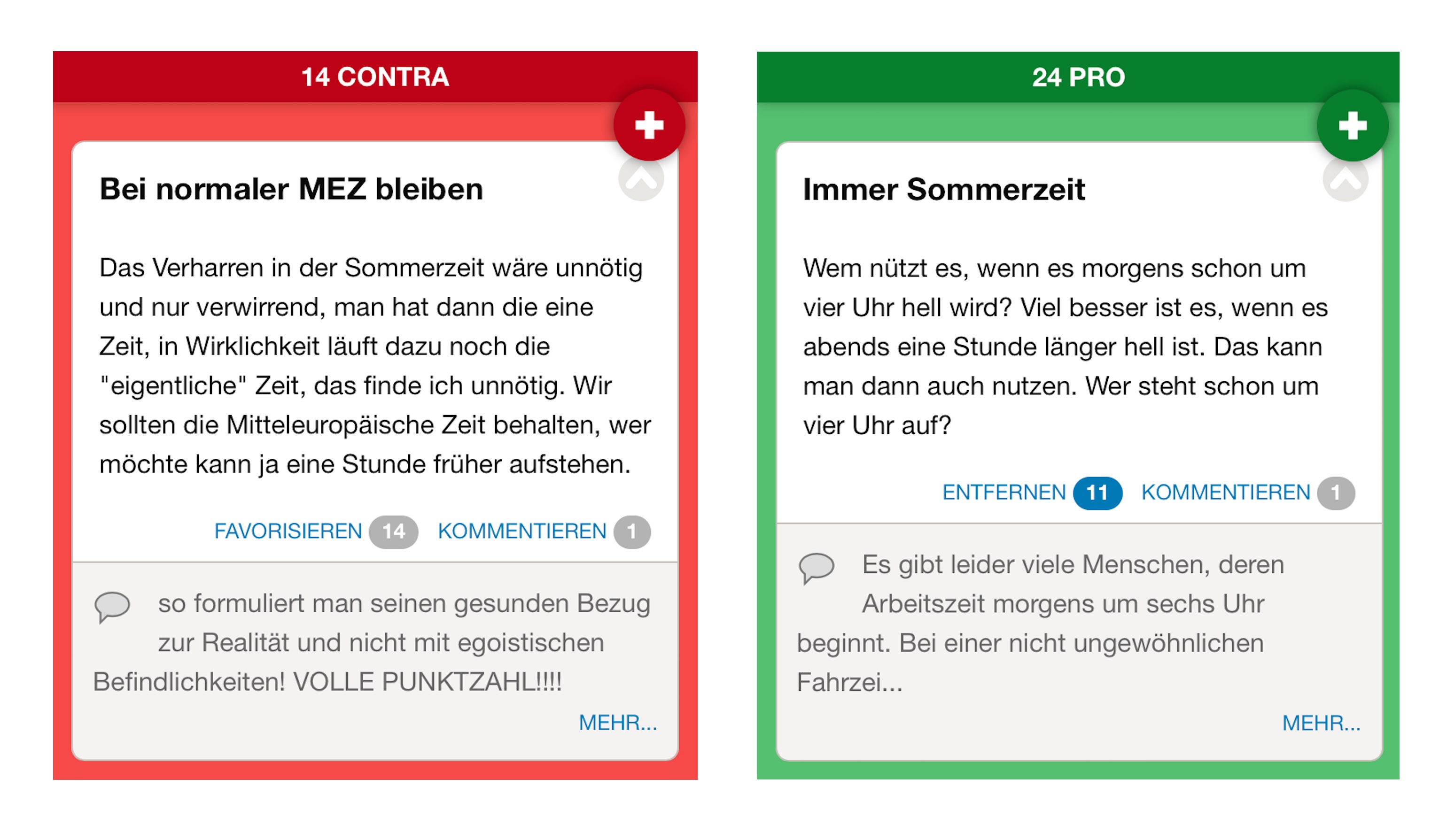 Bisher: "Favorisieren"-Link am Argument links, "Entfernen"-Link, um die Aktion rückgängig zu machen am Argument rechts mit Hervorhebung der Anzahl