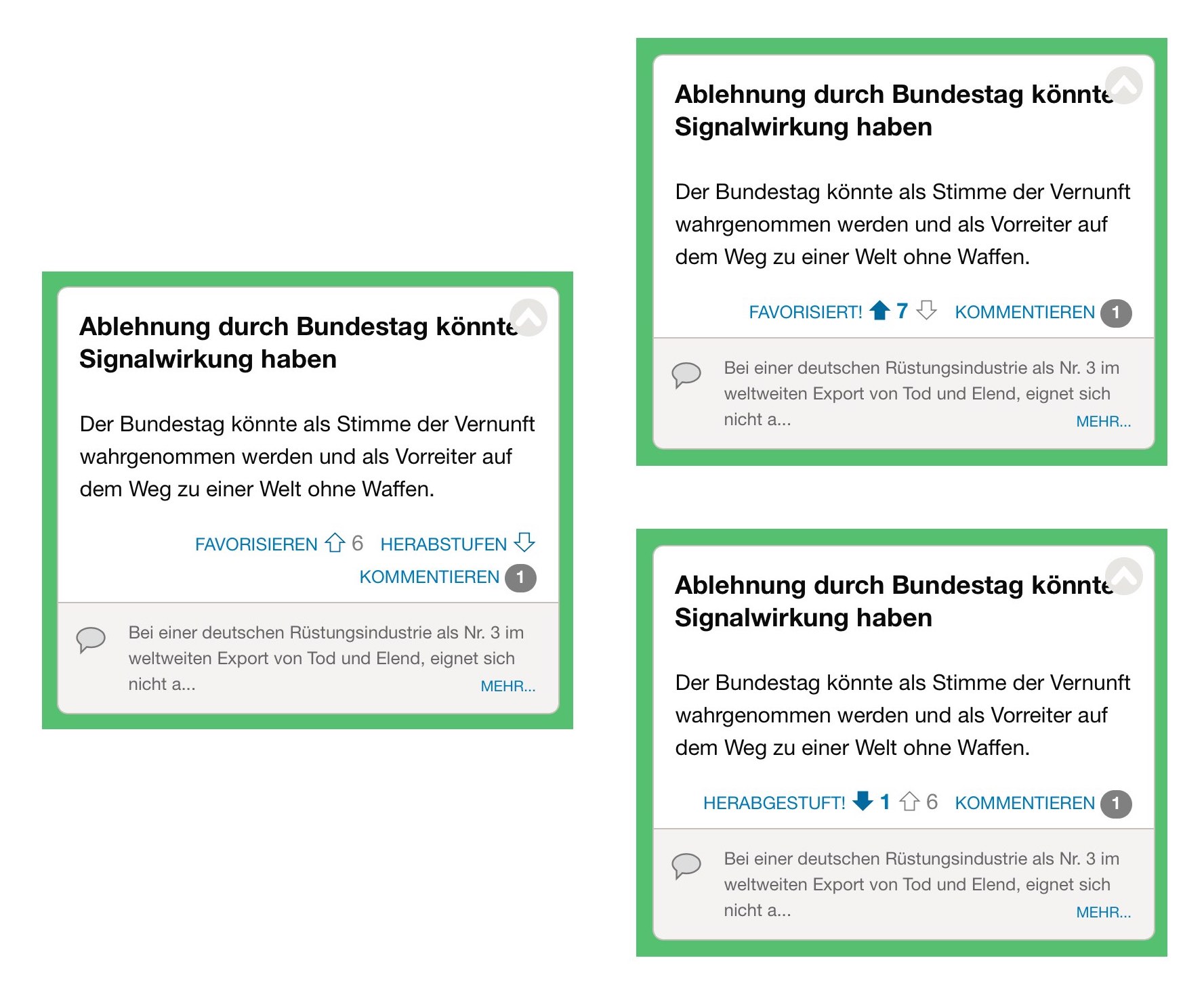 Neu: Beide Text-Links am noch ungewerteten Argument (links), Argument favorisiert (rechts oben), Argument herabgestuft (rechts unten)