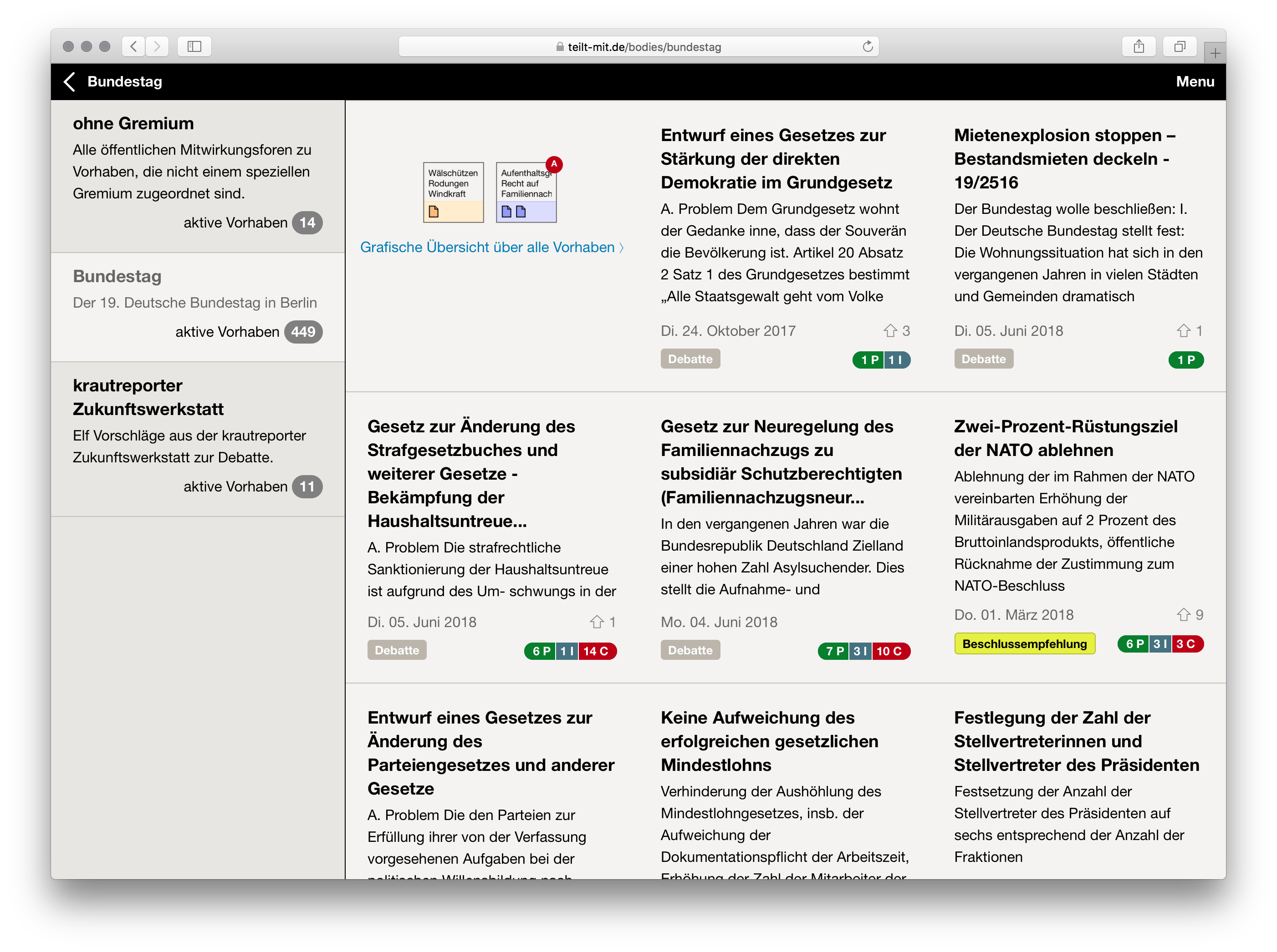 Liste aller Vorhaben des Bundestags frisch synchronisiert vom Server https://bundestag.io von der DEMOCRACY Gruppe