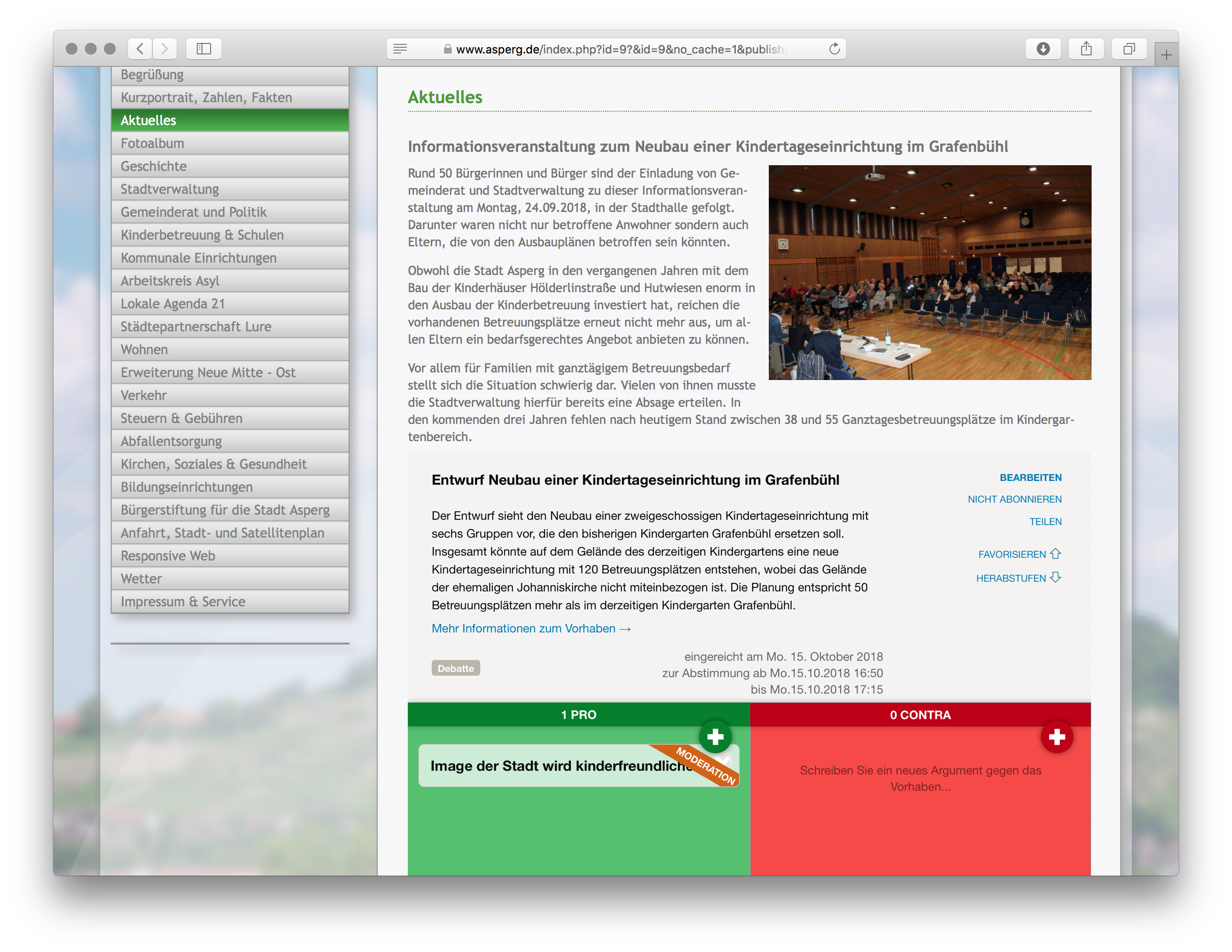 Debatte zum Neubau einer Kindertagesstätte zur Einbettung auf der Website einer Gemeinde