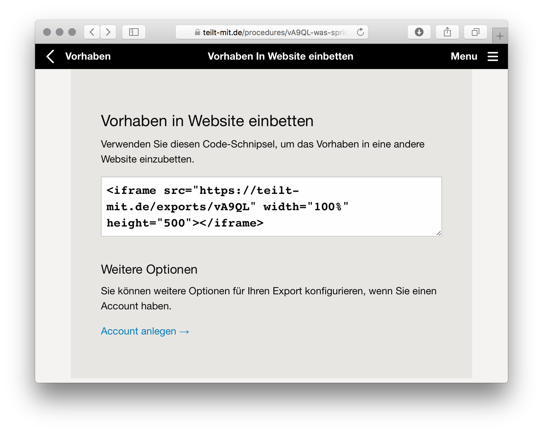 Wählt man "teilen > in Website einbetten" aus, bekommt man ein Code-Schnipsel für die eigene Website