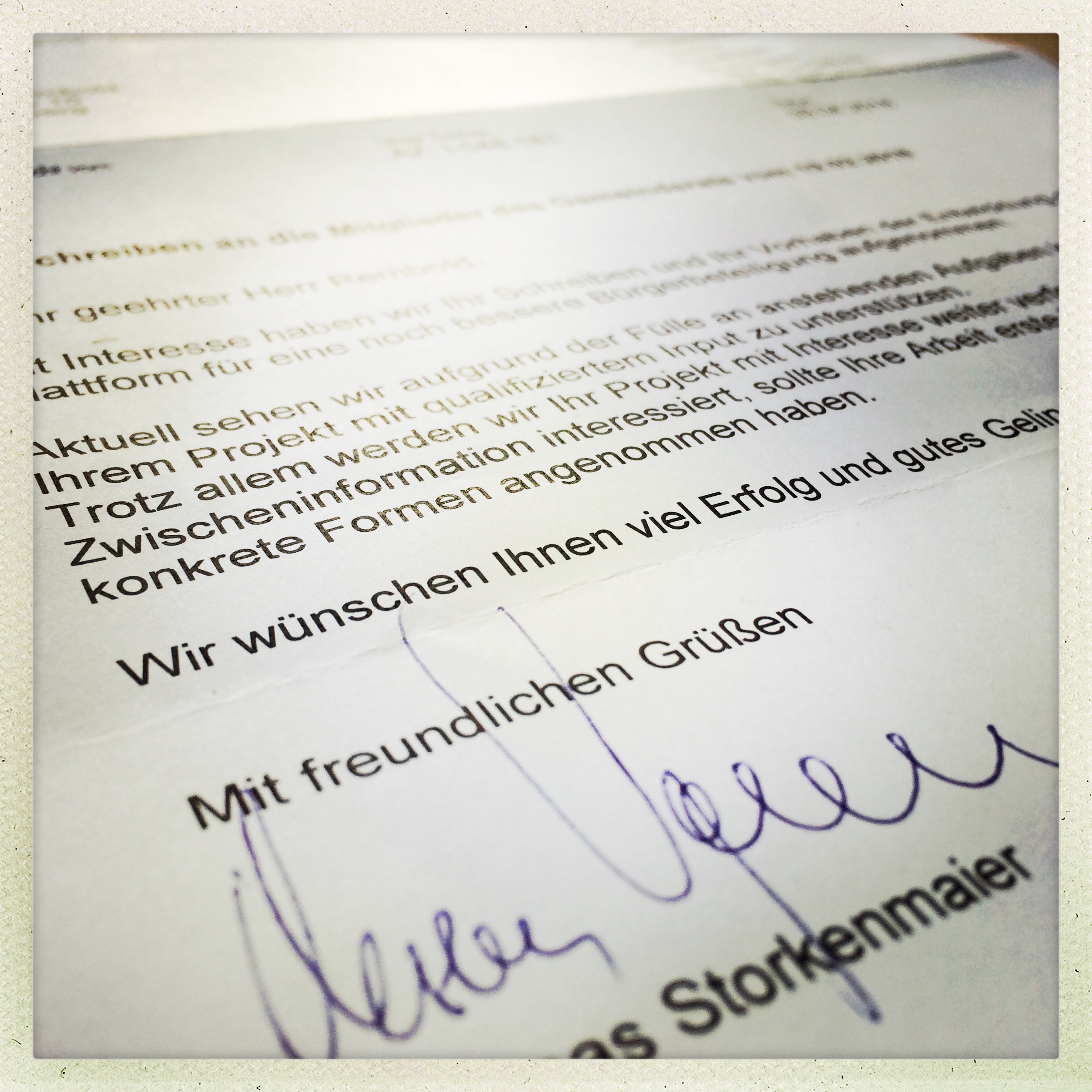 Ein Brief vom Bürgermeisteramt der Stadt Marbach mit Erfolgswünschen